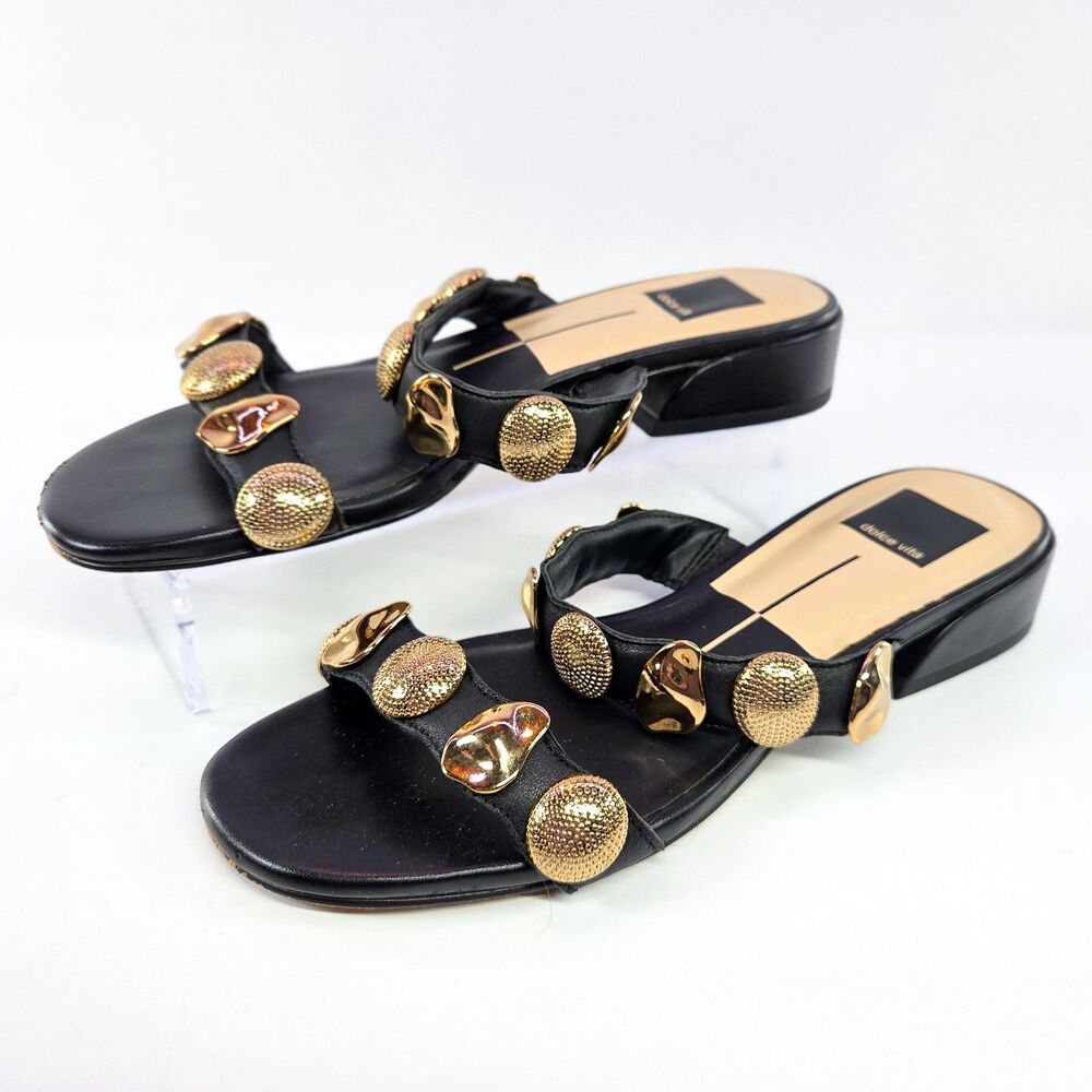 Dolce Vita Farrow Studded Slide Sandals Black Gold Women’s Size 7